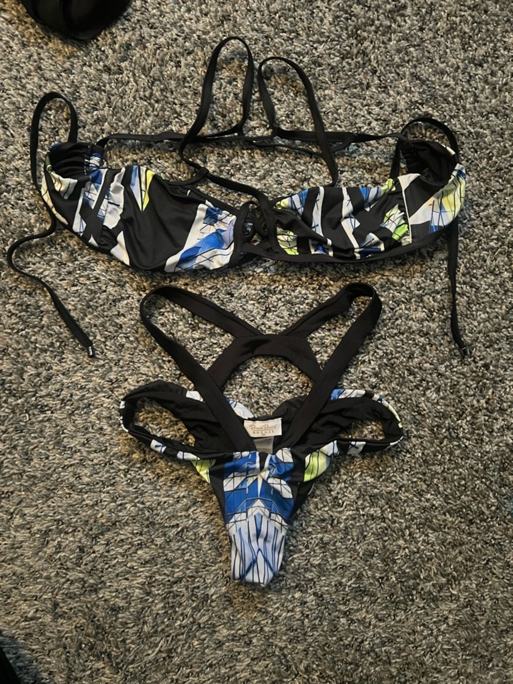 Beach Bunny Black Floral-Print Strappy Bikini Top with Blue Accents